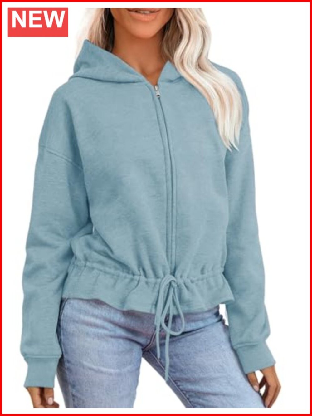 Drawstring Waist Full Zip Cropped Hoodie Lightweight Casual Sweatshirt